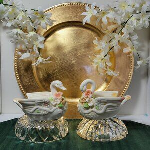 Vintage K's Collection Ceramic Bisque Swan Dishes Set of 2